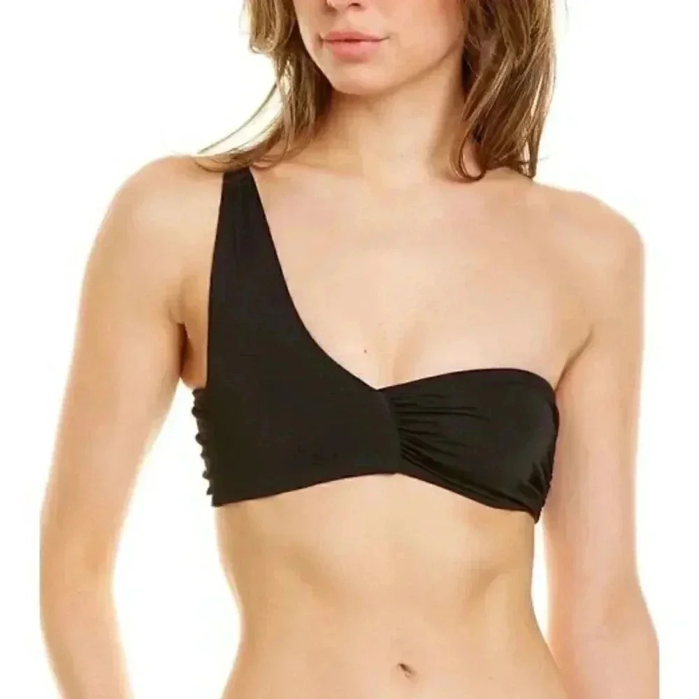 ARO Women's Large Black Keli Swim Bikini Top One Shoulder Asymmetrical Ruched L
